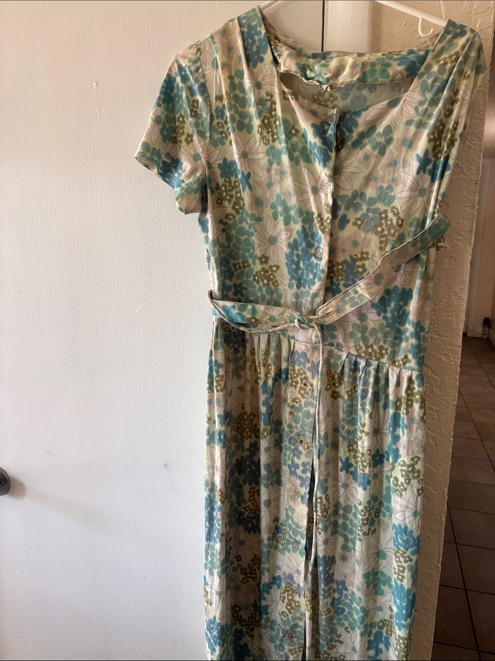 Button-Front Floral Midi Dress with Self-Tie Belt in Teal & Olive